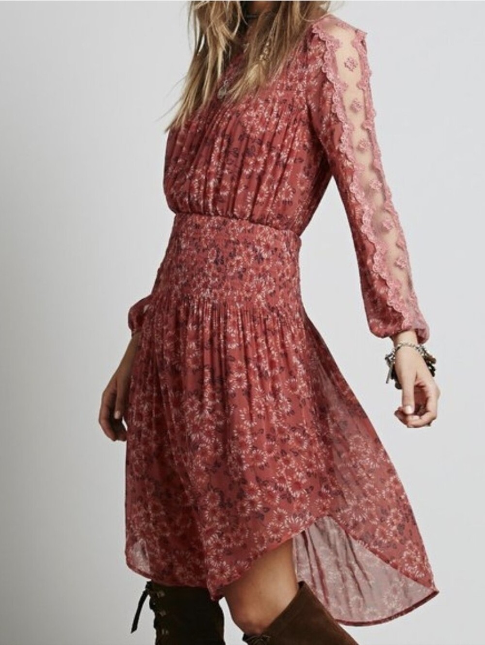 Free People floral mini dress with long sleeves and a boho vibe - Size Small